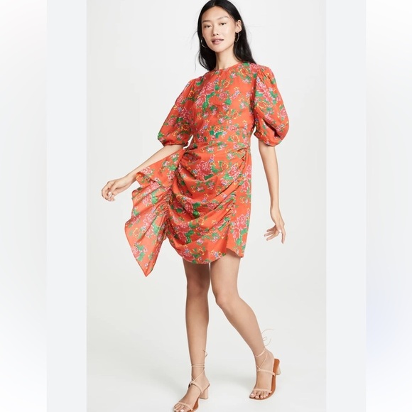 NWOT RHODE Pia Resort Red Floral Puff-Sleeve Ruched Mini Dress Size XS - Picture 1 of 16